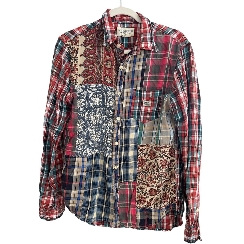 Ralph Lauren Denim & Supply Patchwork Plaid Flannel Shirt M 100% Cotton Boho